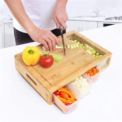 Multi Functional Bamboo Cutting Board With Container Tray Kitchen