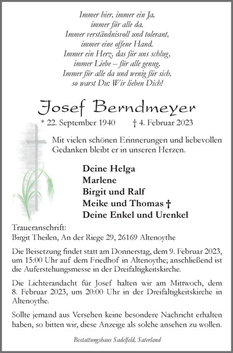 Traueranzeigen Von Josef Berndmeyer Nordwest Trauerde