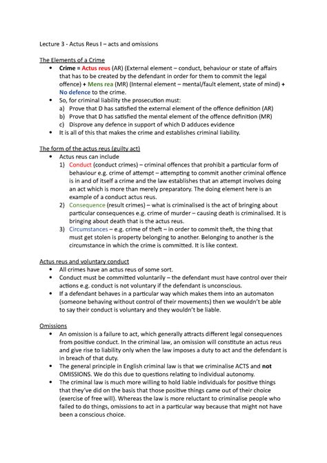 Lecture Criminal Law Actus Reus Omissions Lecture Actus