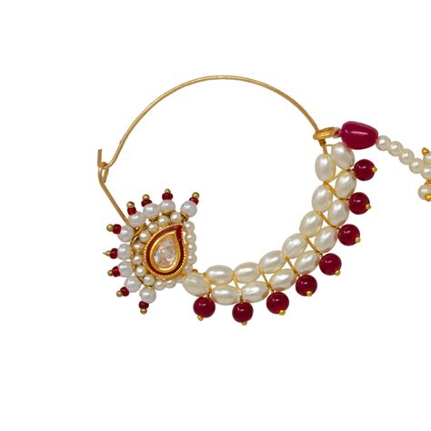 White Moti Studded Royal Red Rajasthani Premium Nath Meira Jewellery