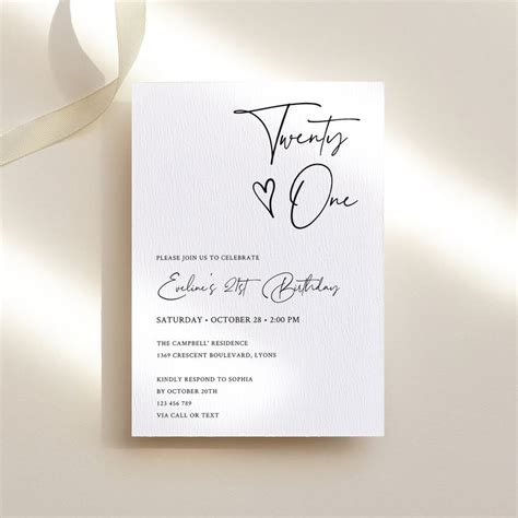 21st Birthday Invitation Template Twenty One Modern Minimalist Editable