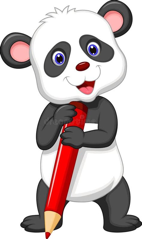 Cute Panda Bear Cartoon Holding Red Pencil Stock Vector Illustration