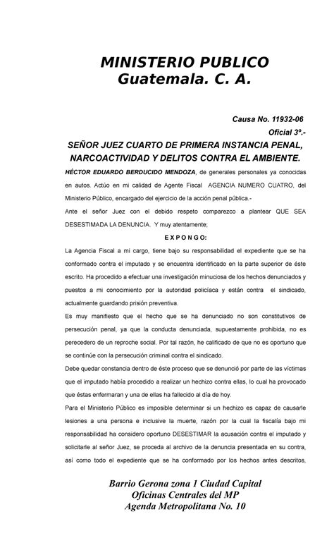 Solicitud Para Desestimar Causa Ministerio Publico Guatemala C A