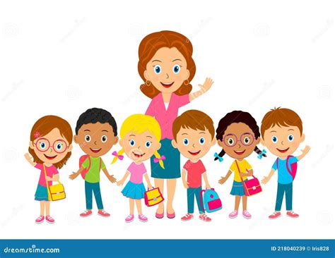 Cute Cartoon Kids and Teacher Stock Vector - Illustration of people ...