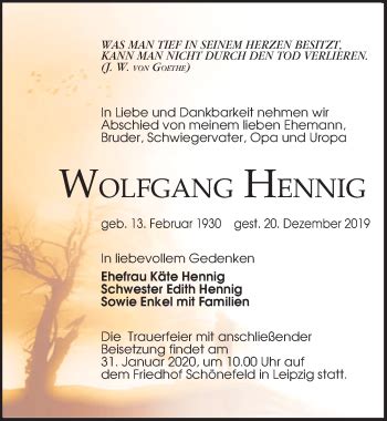 Traueranzeigen Von Wolfgang Hennig Trauer Anzeigen De