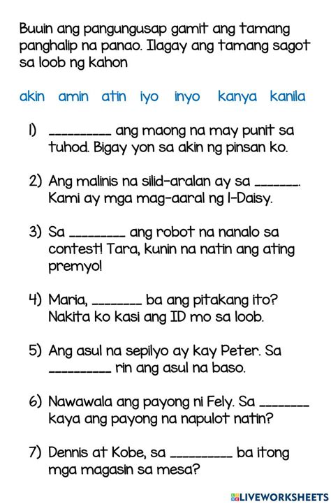 Kailanan Ng Panghalip Worksheet