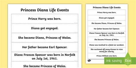 Ks Princess Diana Life Events Ordering Worksheet Worksheet