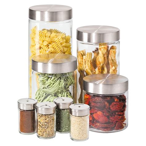 Oggi 8 Piece Round Airtight Glass Canister And Spice Jar Set With