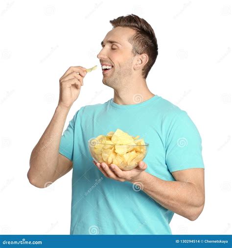 Man Eating Potato Chips Stock Photo Image Of Crispy 130294514