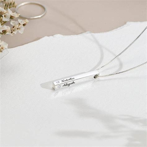 Pillar Bar Engraved Necklace With Diamonds Sterling Silver Oak And Luna