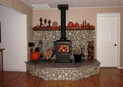 After Raised Stone Hearth Varnished Split Tree Mantle Shortened Smoke Stack On Wood Burning