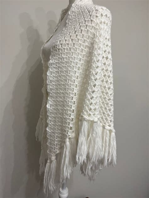 60s 70s White Acrylic Shawl Fringe Shawl White Boho Gem