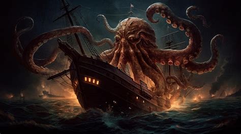 Um Monstro Polvo Kraken Gigante Atacando Um Navio Pirata No Oceano