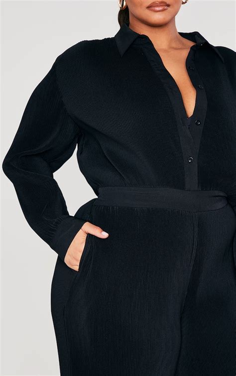 Plus Black Plisse Shirt Jumpsuit Plus Size Prettylittlething Ca