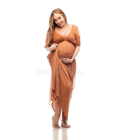 Mulher Gravida Feliz Que Toca Em Sua Barriga Grande Foto De Stock