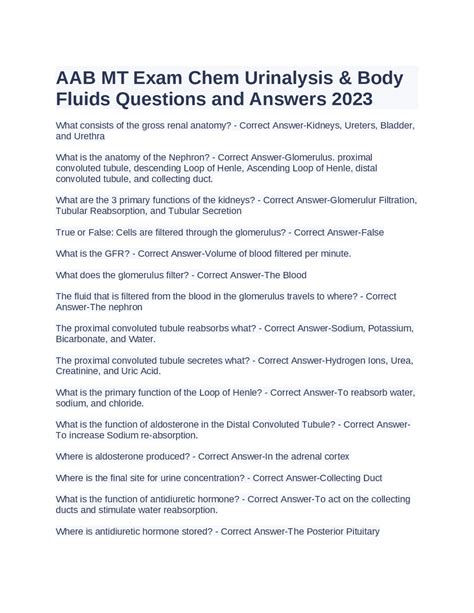 Aab Mt Exam Chem Urinalysis Body Fluids Questions And Answers