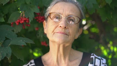 Beautiful Old Grandmother With Grey Hair And Face With Wrinkles Is