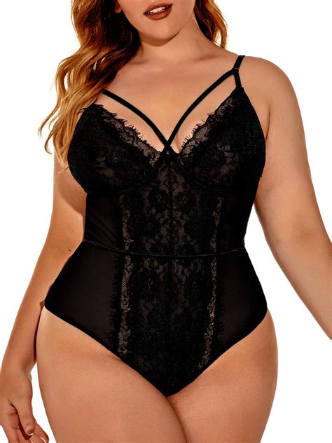 Kaei Shi Plus Size Lingerie For Women Sheer Lace Sexy V Neck Bodysuit