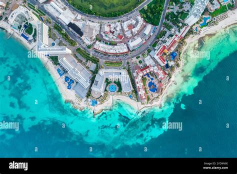 Aerial Panoramic View Of Cancun Beach And City Hotel Zone In Mexico