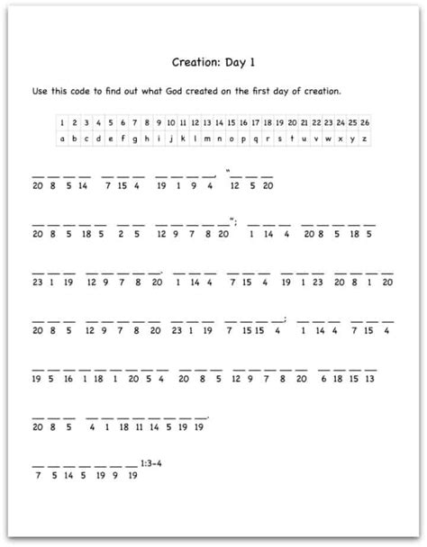 creation day  bible verse decoding worksheet ministry  children