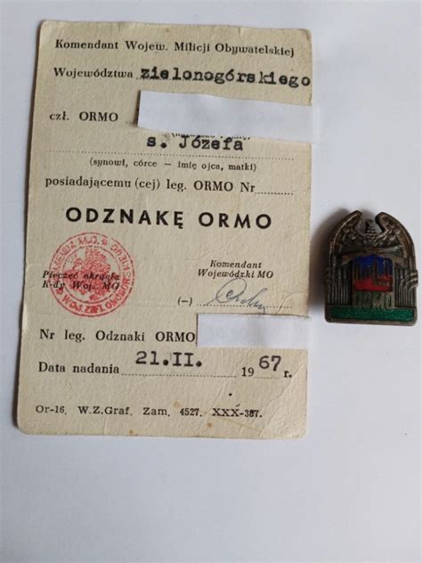 Odznaka ORMO legitymacja Zielona Góra 1967 Szczecin Licytacja na