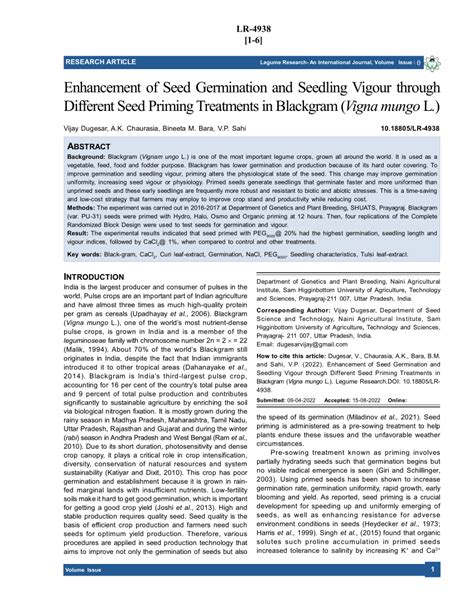 Pdf Enhancement Of Seed Germination And Seedling Vigour Through Different Seed Priming