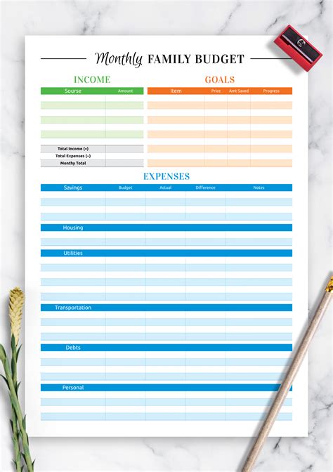 Download Printable Colored family budget template PDF