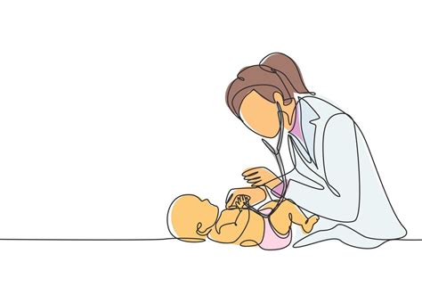 Un Solo Dibujo De Una Joven Doctora Pediatra Examinando El Estado De