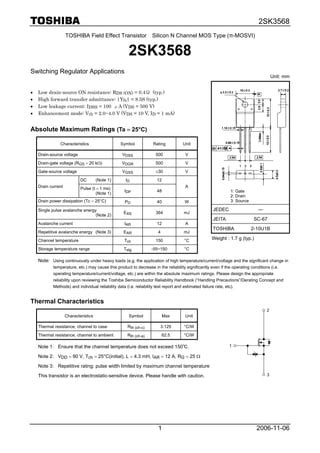 Original N CHANNEL MOSFET 2SK3568 K3568 12A 500V TO 220F New Toshiba PDF