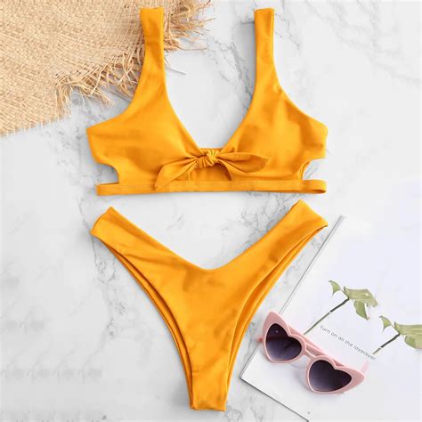 Zaful Knotted Cut Out Bikini Set Women Bikini Beachwear Swimsuit