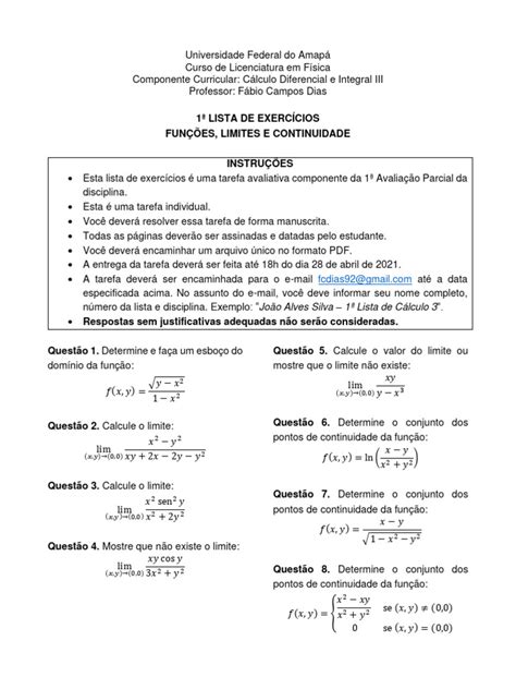 1 Lista De Exercícios Funções Limites E Continuidade Pdf Limite