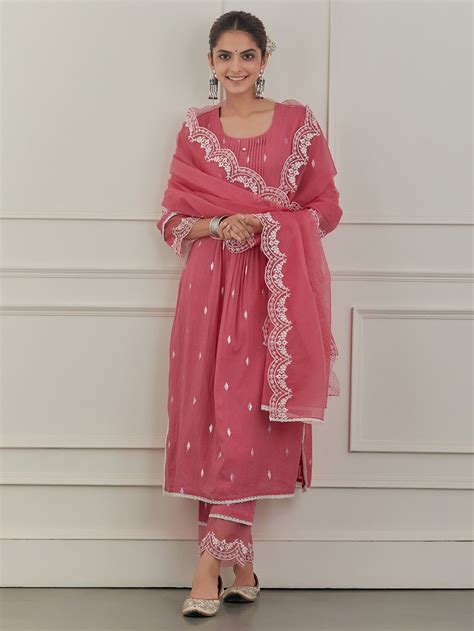 Buy Pink Cotton Lurex Pintuck Suit With Embroidered Organza Dupatta