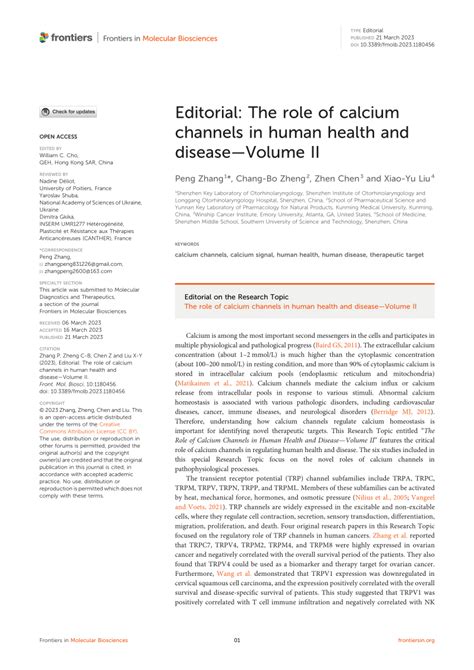 Pdf Editorial The Role Of Calcium Channels In Human Health And