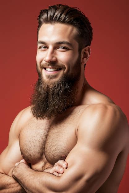 Um homem barba e sem camisa sorrindo para a câmera os braços