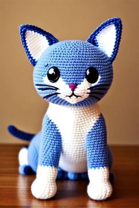 A Crocheted Blue And White Cat Sitting On Top Of A Wooden Table Next To A Wall