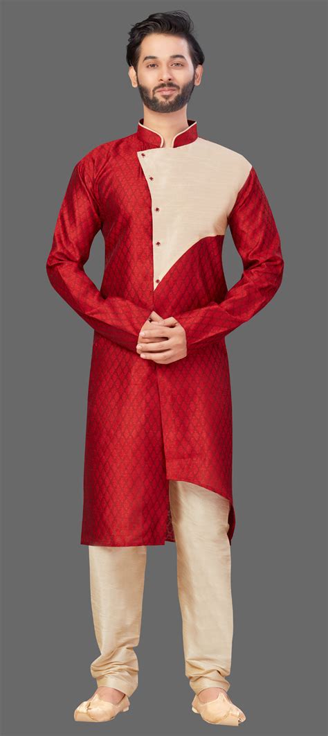 Red And Maroon Color Art Silk Fabric Kurta Pyjamas