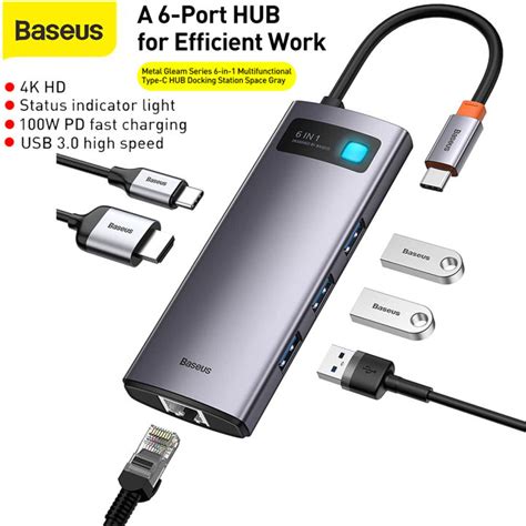 Baseus Metal Gleam Series 6 In 1 Multifunctional Type C HUB Docking