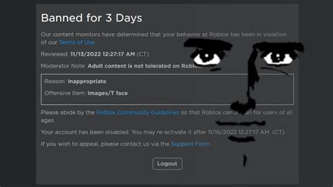 Banned For 3 Days Adult Content Is Not Tolerated On Roblox Youtube