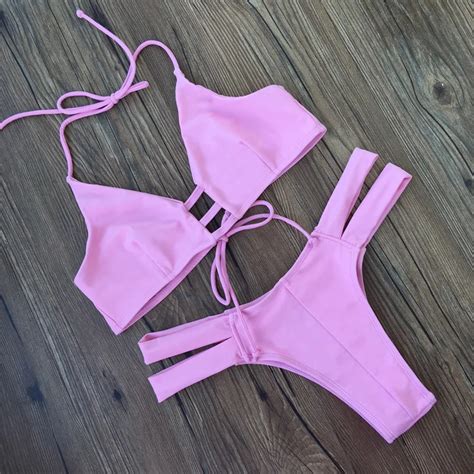 Bikini Pink Color Split Bottom Hollow Out Two Piece Swimsuit With Thong Brazilian High Waist