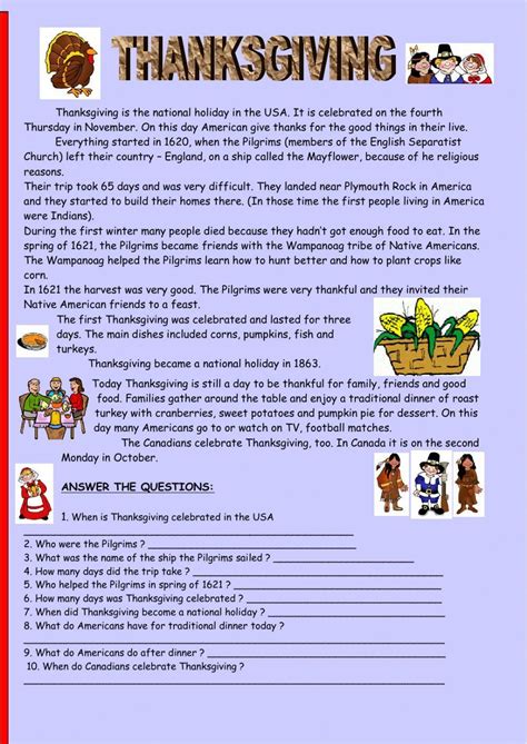 Thanksgiving Dinner Reading Comprehension Worksheet Have Fun Worksheets Library