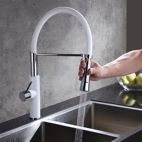 Modern Sleek White Chrome Pull Down Spray Kitchen Faucet Single