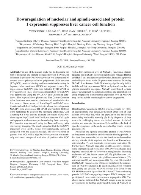 PDF Downregulation Of Nucleolar And Spindleassociated Protein 1