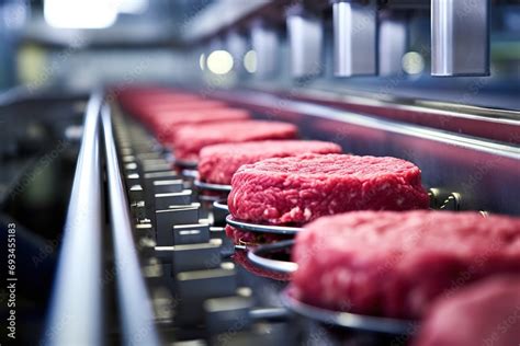 Conveyor In An Eco Friendly Meat Factory Producing Beef Burger Cutlets