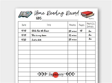 Home Reading Record Chart Etsy Denmark