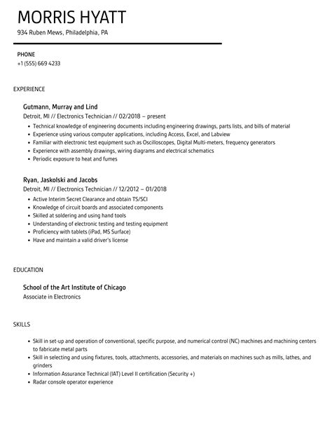 Electronics Technician Resume Samples Velvet Jobs