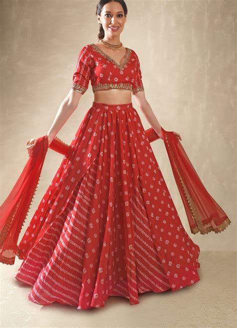 Hibiscus Red Satin Bandhani Lehenga Set Bandhani Lehenga Simple Lehenga Lehnga Designs