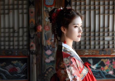 A Beautiful Korean Woman Wearing A Hanbok Premium Ai Generated Image