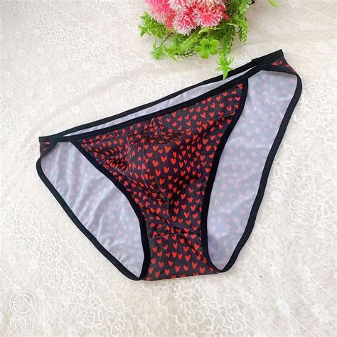 Underwear Men Sexy Hearts Print Ice Silk Bulge Pouch Briefs Bikini Lingerie Tanga Slip Low Waist