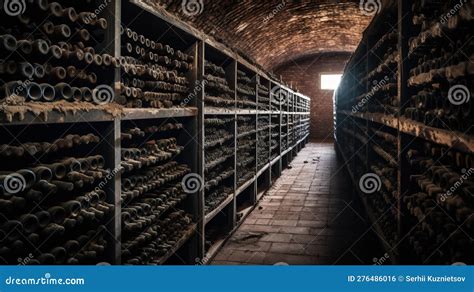 Winery Basement With Wooden Barrels And Racks Of Old Wine Bottles Ai