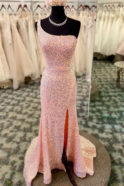 Pink Sequin Backless One Shoulder High Slit Prom Dresses Sparkly Long Uk